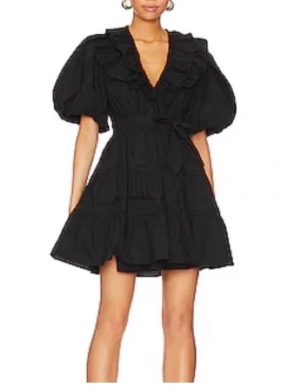 House of Harlow 1960 Black Puff-Sleeve Wrap Mini Dress